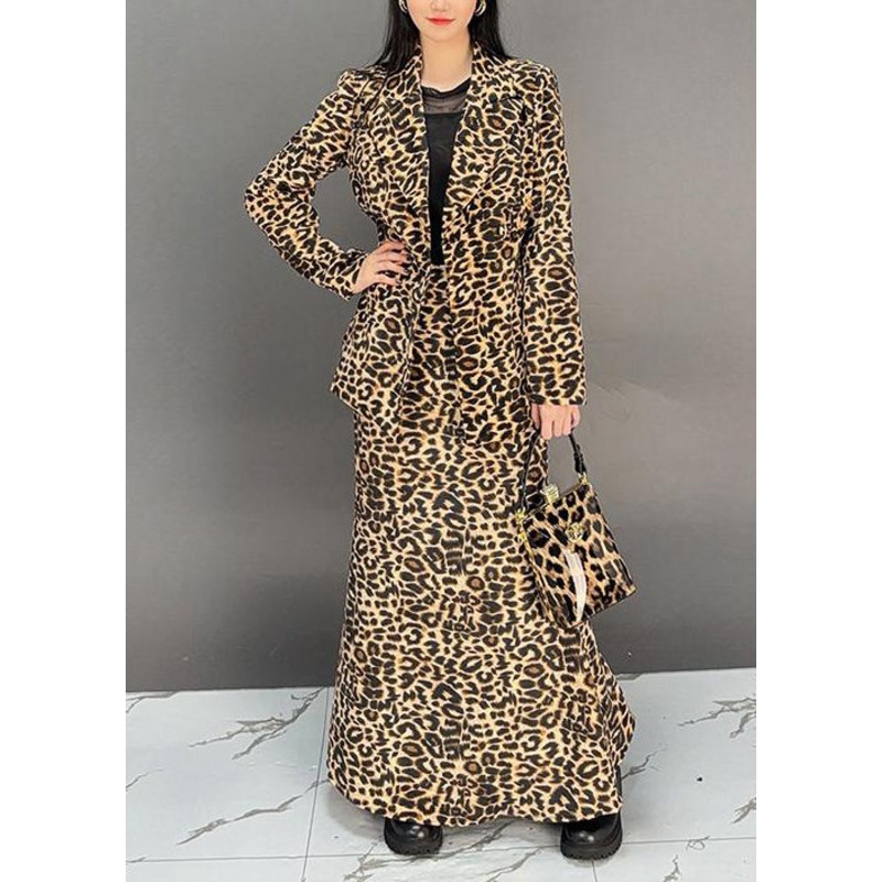 Fashion Leopard Coat And Skirts Two Pieces Set Fall