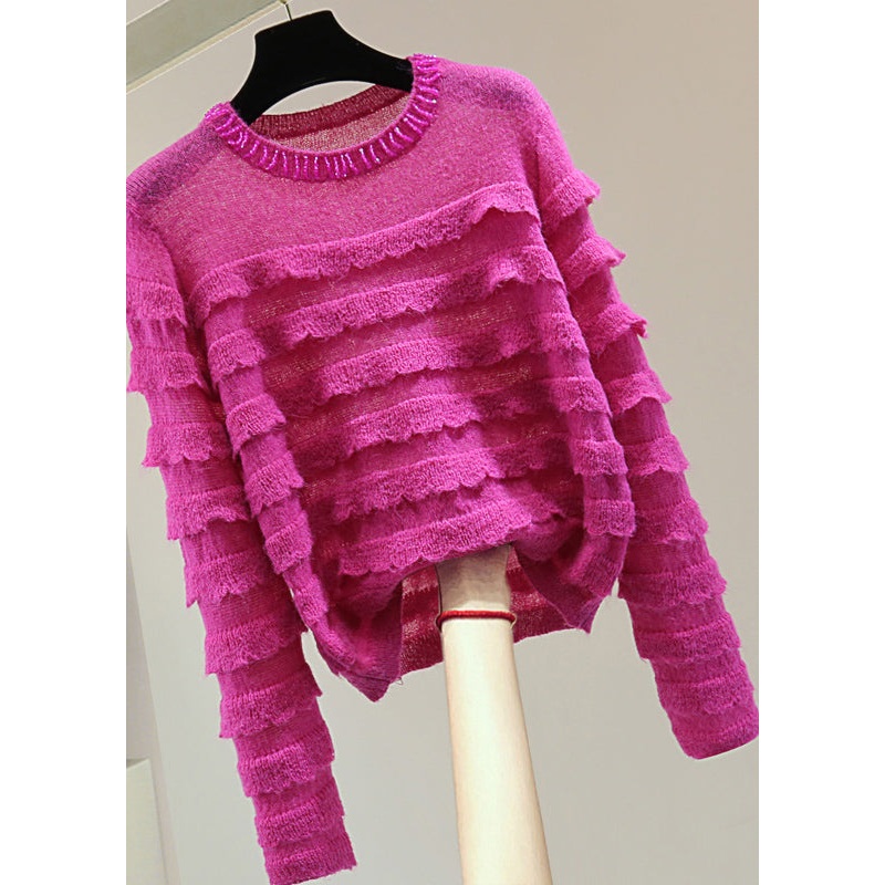 Fashion Rose Ruffled Patchwork Nail Bead Cotton Knit Sweater