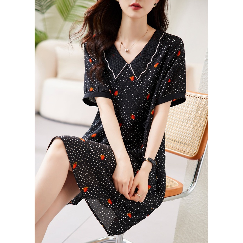 Fine Black Peter Pan Collar Dot Print Chiffon Maxi Dresses Short Sleeve