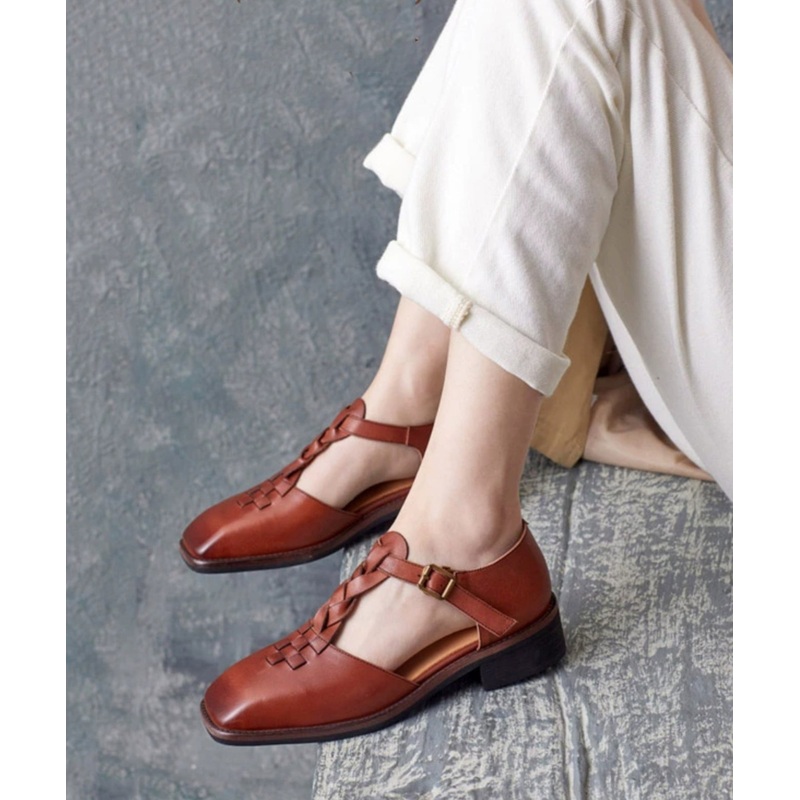 Fine Brown Cowhide Leather Splicing Knit Fabric High Heels