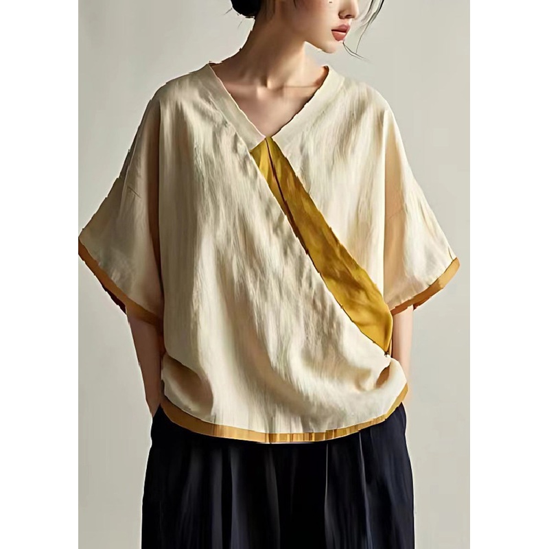 Fitted Beige V Neck Patchwork Linen Loose Blouses Summer