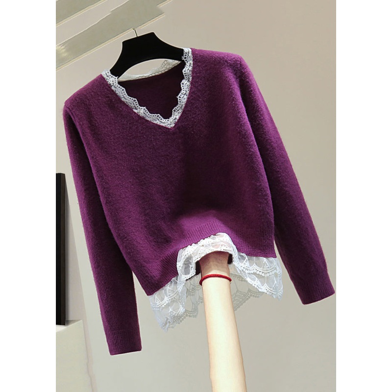 Fitted Purple V Neck Lace Patchwork Cotton Knit Sweater Winter