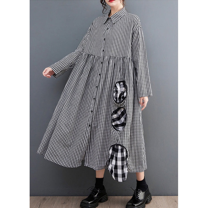 French Black Plaid Button Patchwork Cotton Blouses Dress Fall