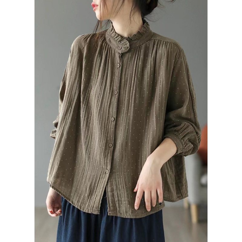 French Brown Ruffled Button Print Cotton Shirt Long Sleeve