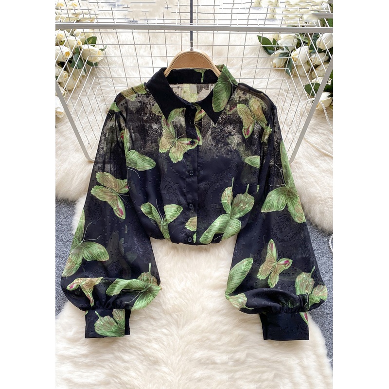 French Green Peter Pan Collar Print Button Chiffon Shirt Long Sleeve