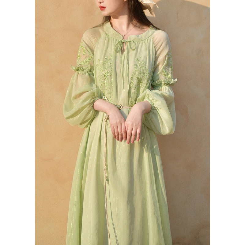 French Green Ruffled Embroidered Chiffon Dress Summer