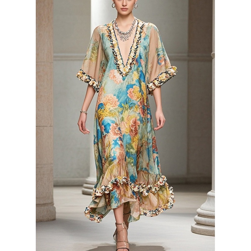 French Khaki Ruffled Print Chiffon Long Dresses Summer
