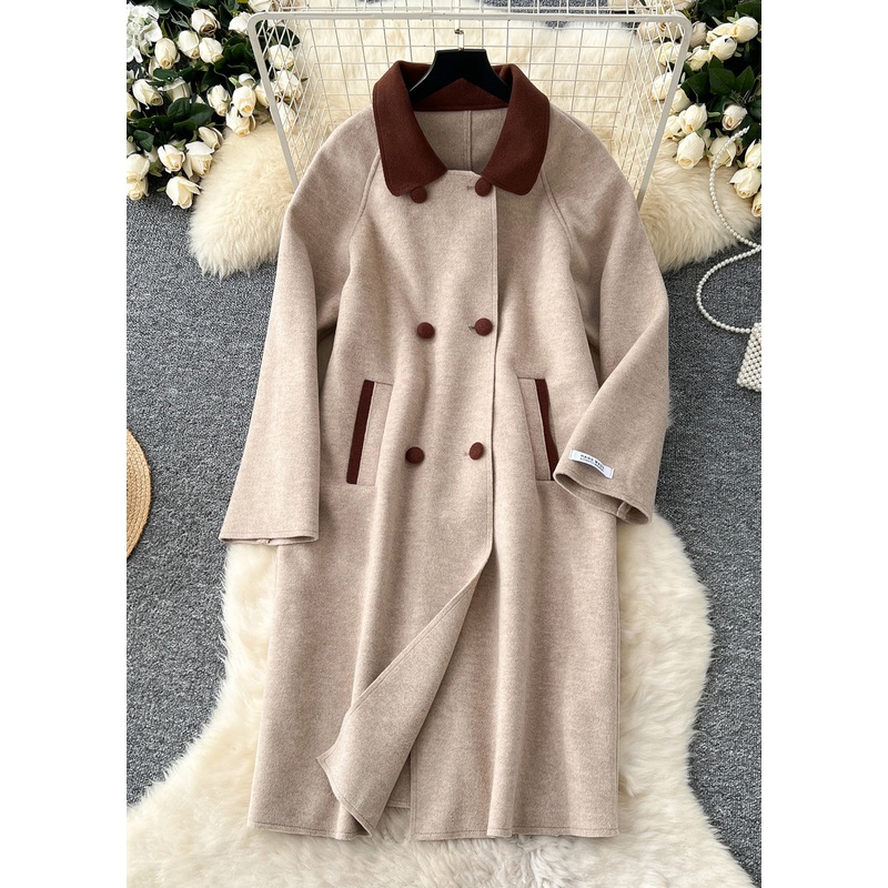 French Light Camel Double Breast Pockets Woolen Coats Winter