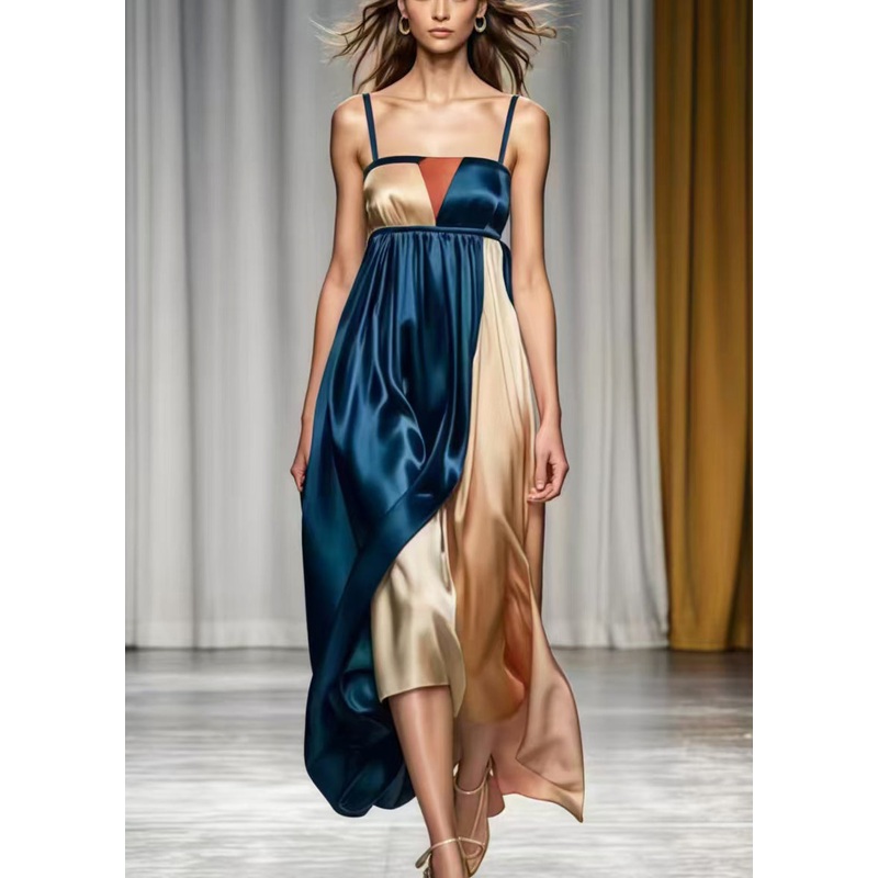 French Navy Asymmetrical Patchwork Silk Cami Dress Summer