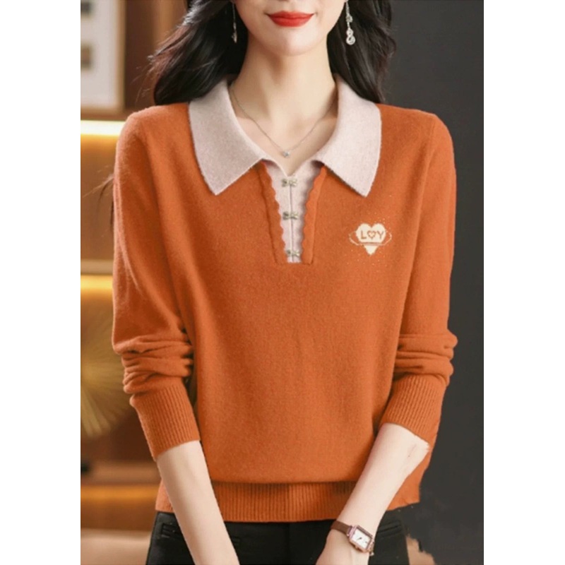French Orange Peter Pan Collar Zircon Wool Knit Sweaters Winter
