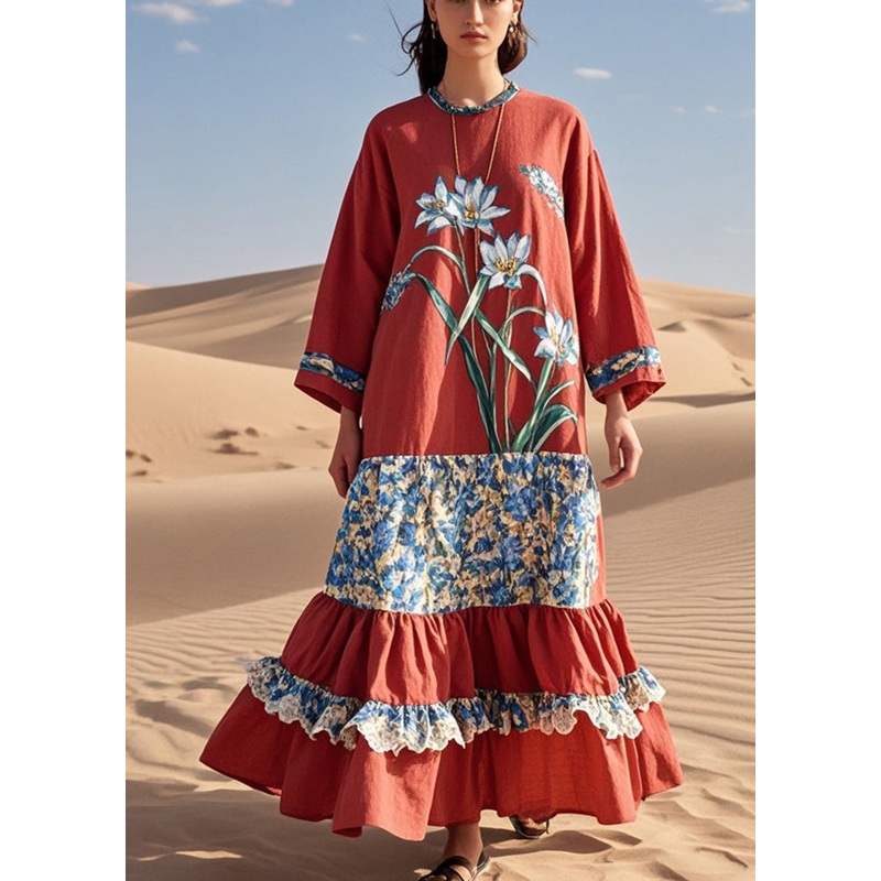 French Red Floral Patchwork Ruffled Cotton Long Dresses Fall