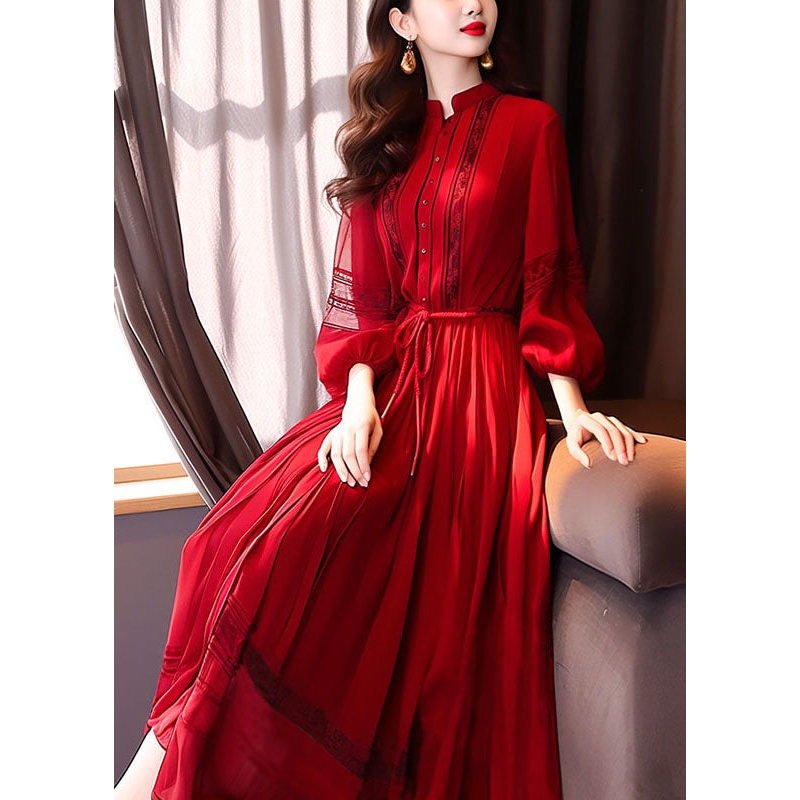 French Red Hollow Out Lace Up Long Dress Bracelet Sleeve