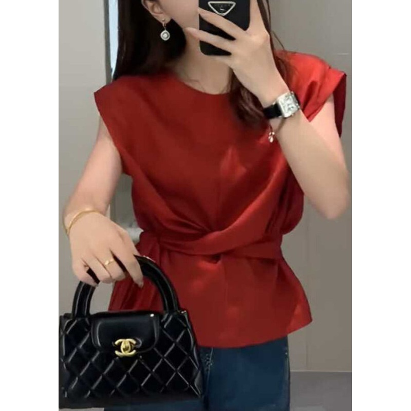 French Red Tie Waist Solid Top Sleeveless