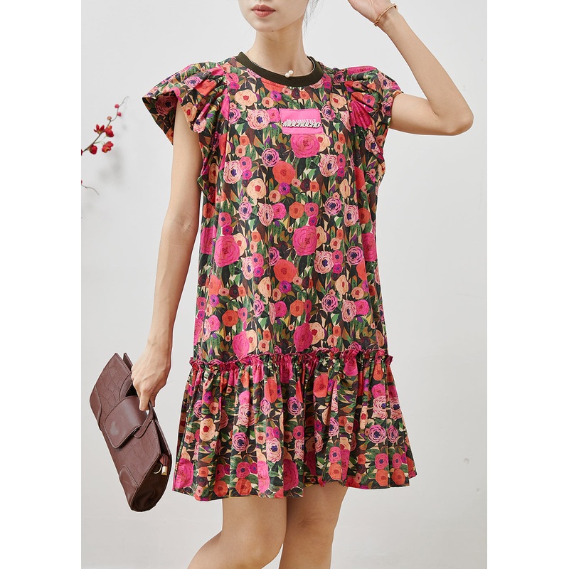 French Rose Floral Cotton Mini Dresses Petal Sleeve