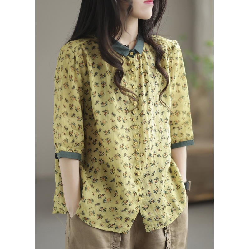 French Yellow Peter Pan Collar Print Button Linen Shirt Long Sleeve