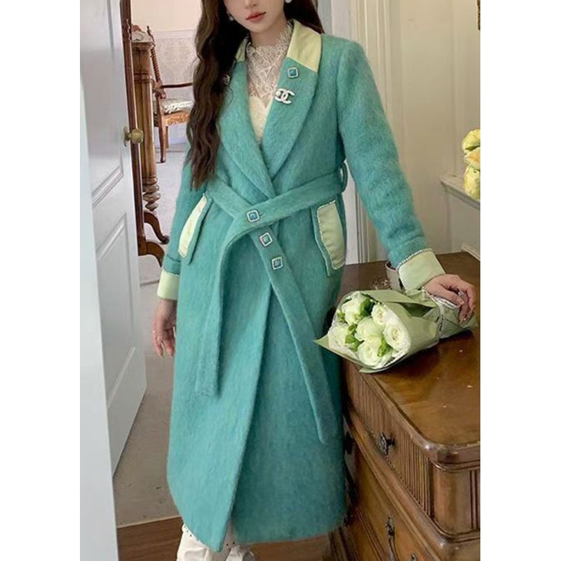 Green Button Pockets Woolen Coat Notched Winter