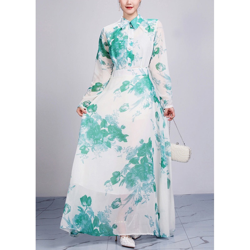 Green High Waist Chiffon Robe Dresses Peter Pan Collar Fall