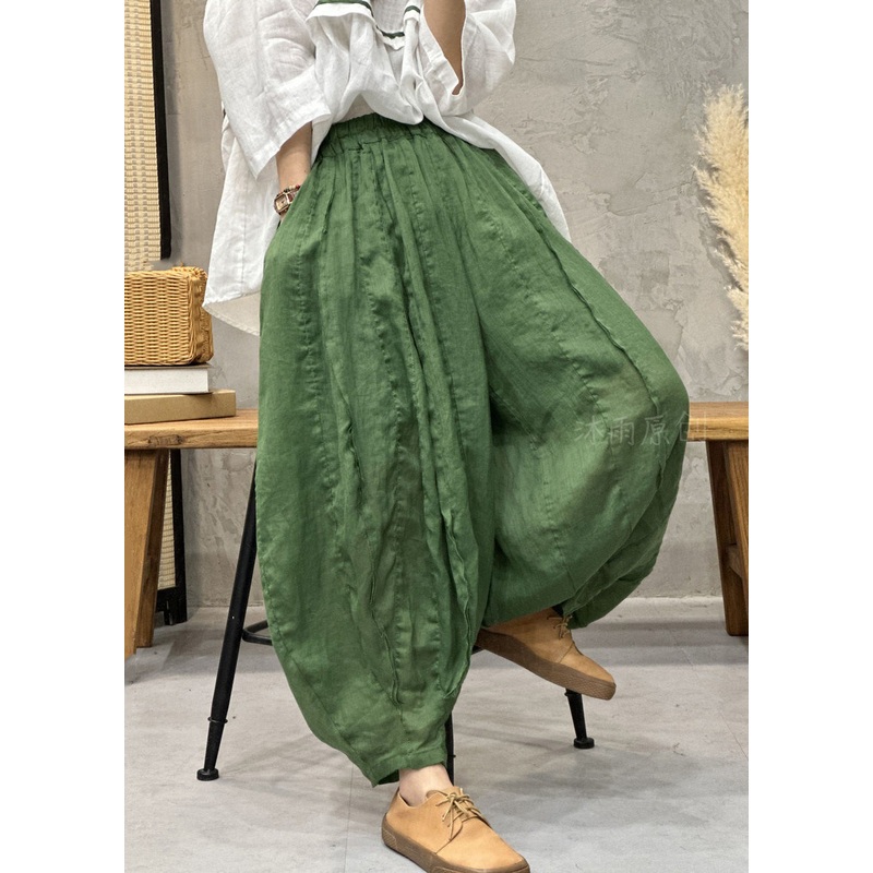 Green Solid Elastic Waist Thin Linen Crop Pants Pockets