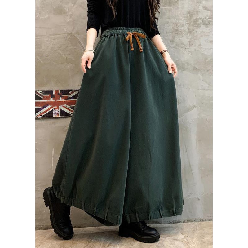 Green Solid Pockets Cotton Wide Leg Pants High Waist