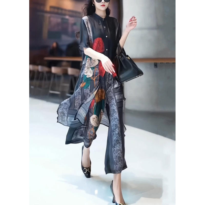 Grey Button Print Silk Two Pieces Set O-Neck Short Sleeve