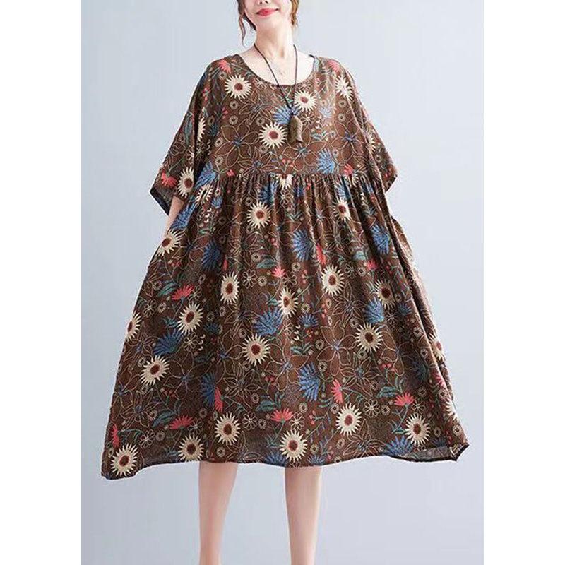 Handmade Coffee Print Wrinkled Maxi Dress Summer