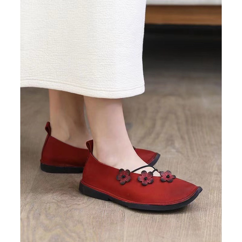 Handmade Comfy Flat Feet Shoes Red Cowhide Leather Floral