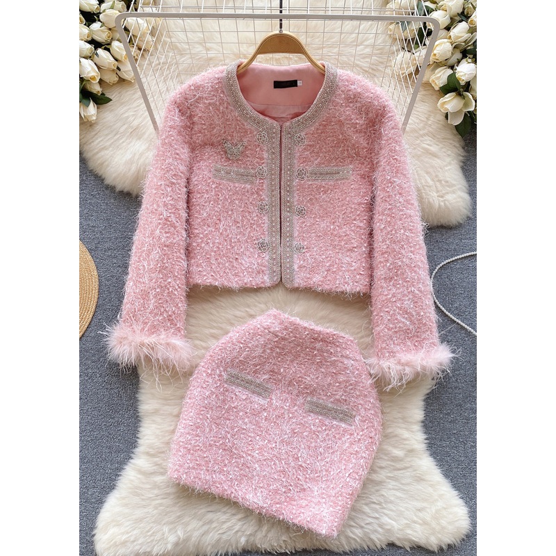 Handmade Pink O Neck Patchwork Coat And Skirts Two Piece Suit Set Winter