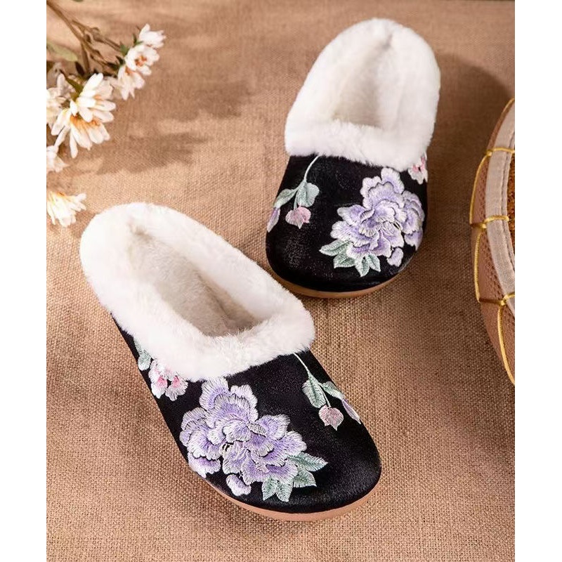Handmade Vintage Fuzzy Wool Lined Slippers Shoes Black Satin Embroidery