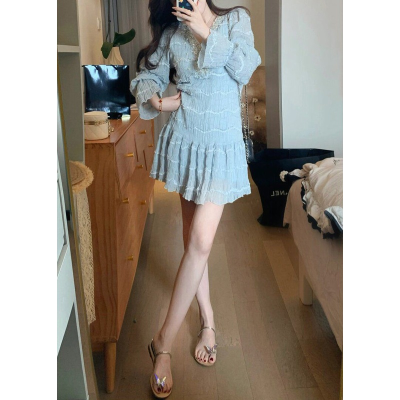 Italian Blue Ruffled Zircon Pearl Chiffon Mid Dress Spring