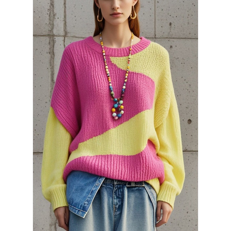Italian Colorblock Oversized Patchwork Knit Sweater Tops Fall