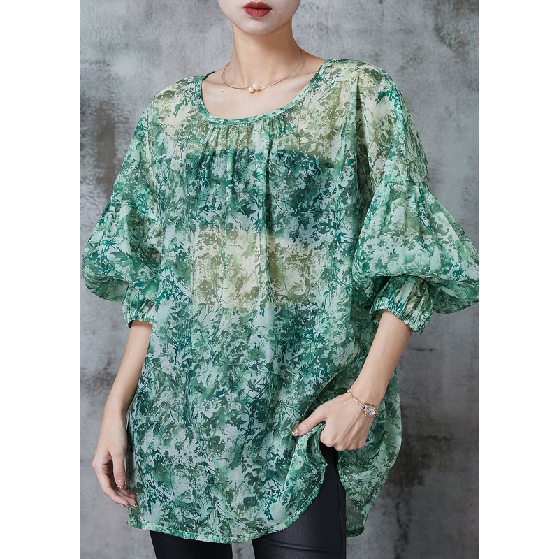 Italian Green Oversized Print Chiffon Shirts Lantern Sleeve