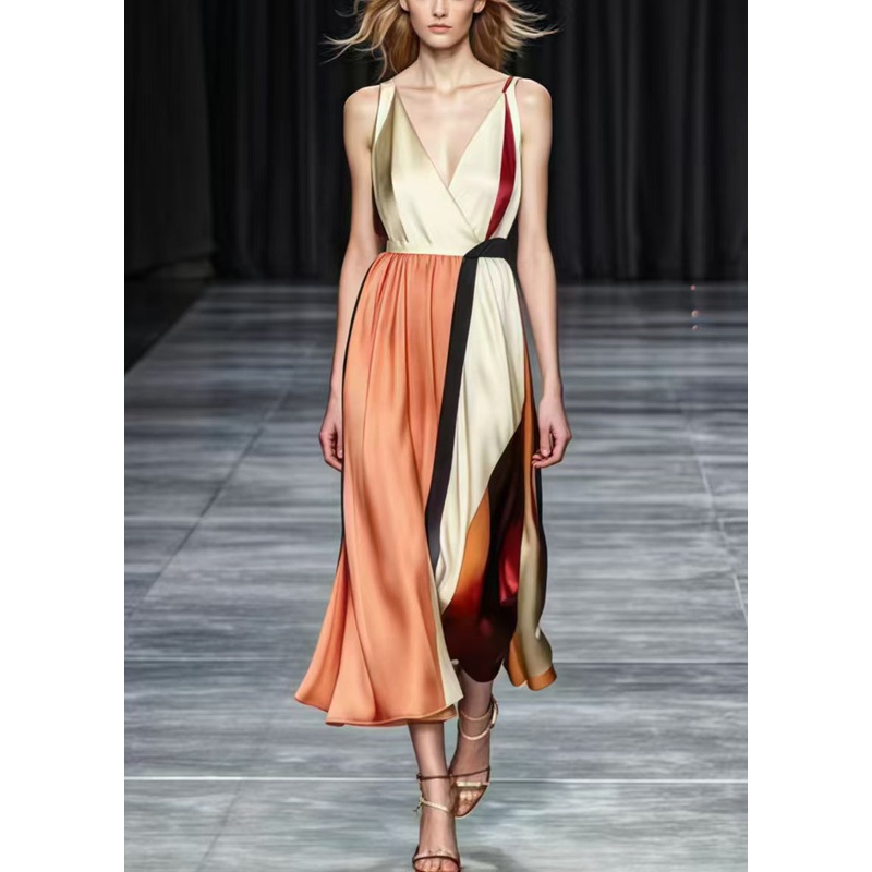 Khaki Patchwork Silk Cinched Dress V Neck Exra Large Hem Summer