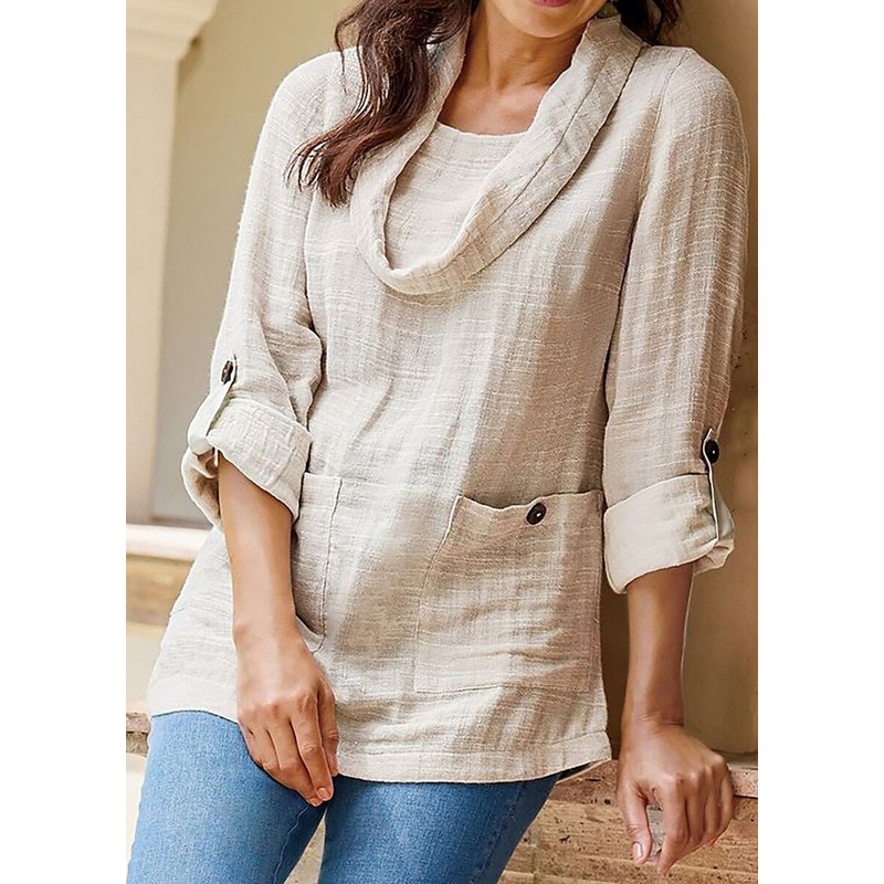 Loose Apricot Button Pockets Linen Shirt Long Sleeve