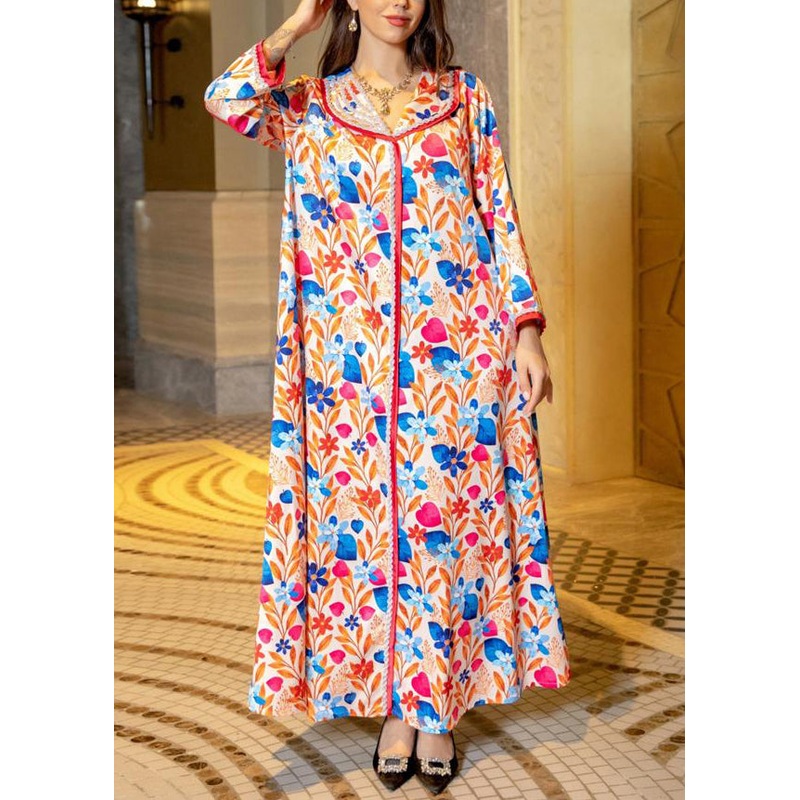 Loose Apricot Peter Pan Collar Print Cotton Maxi Dress Long Sleeve