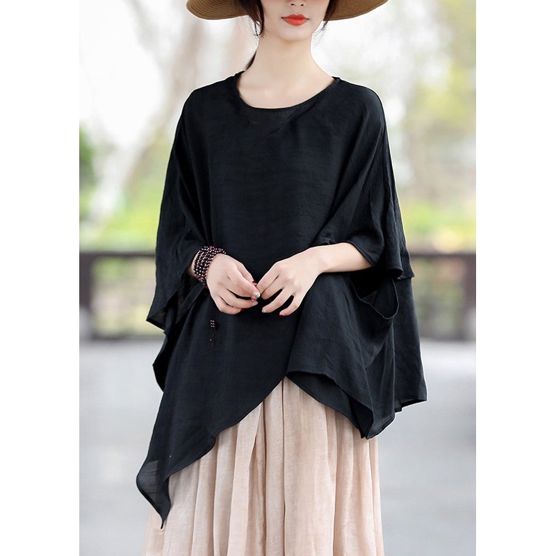 Loose Black O Neck Asymmetrical Cotton T Shirt Tops Summer