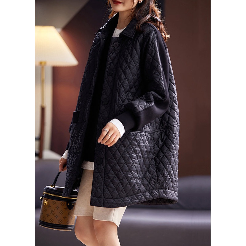 Loose Black Peter Pan Collar Pockets Cotton Filled Coat Spring