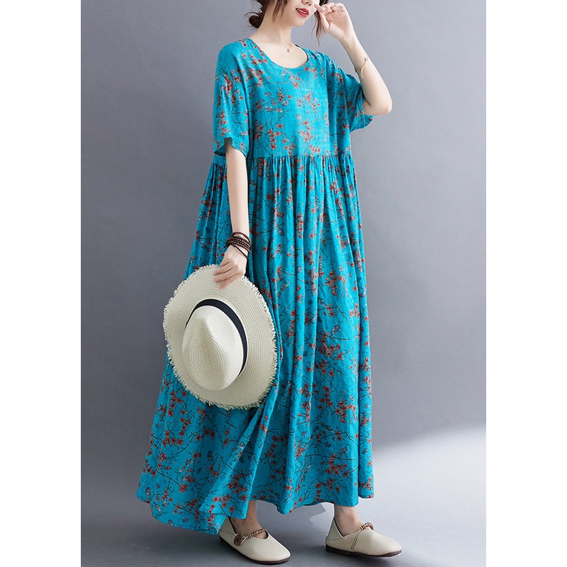 Loose Blue O Neck Print Wrinkled Cotton Dresses Summer