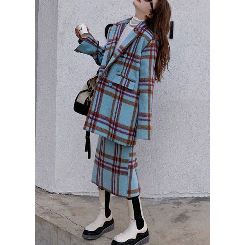 Loose Blue Peter Pan Collar Plaid Woolen 2 Piece Outfit Winter