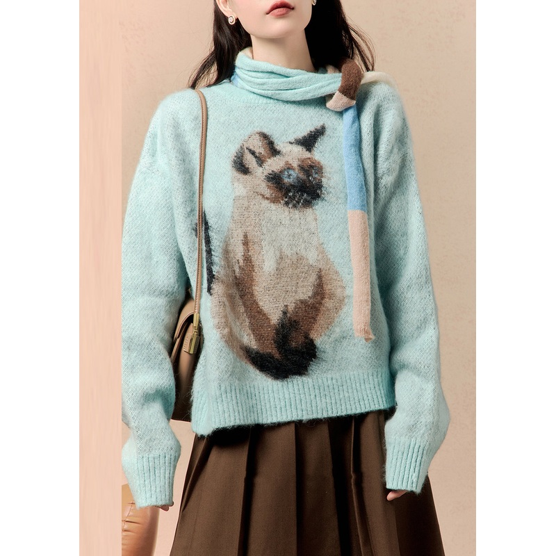 Loose Blue Scarf Animal Print Knit Sweater Winter