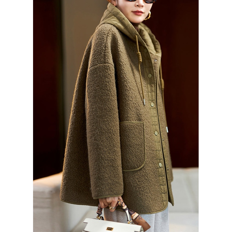 Loose Green Hooded Pockets Patchwork Teddy Faux Fur Coats Spring