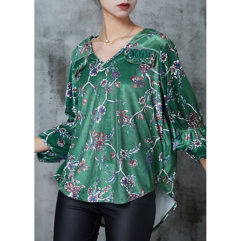 Loose Green Print Low High Design Silk Velour Shirt Spring