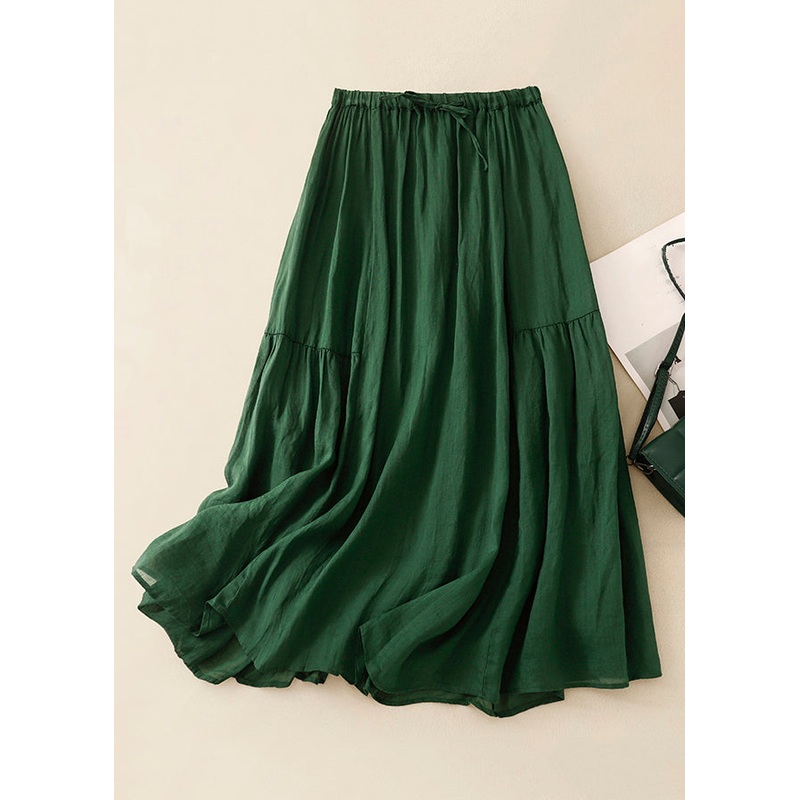Loose Green Wrinkled Solid Elastic Waist Linen Skirts Summer