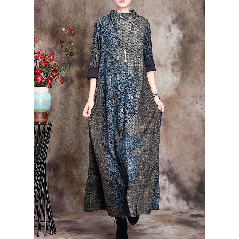 Loose Grey Half Hign Neck Print Cashmere Long Dress Fall