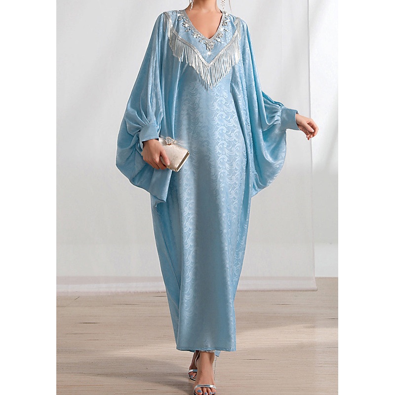 Loose Light Blue Tasseled Zircon Silk Long Dresses Batwing Sleeve