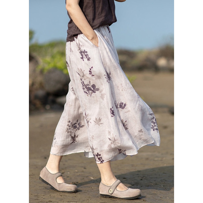 Loose Light Grey Print Pockets Lace Up Cotton Skirts Summer