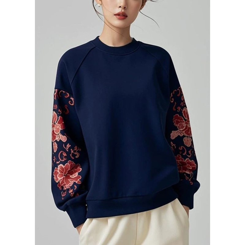 Loose Navy O Neck Print Cotton Pullover Sweatshirt Fall