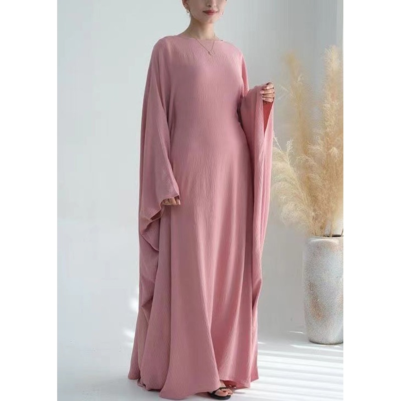 Loose Pink O Neck Solid Ice Silk Maxi Dresses Batwing Sleeve