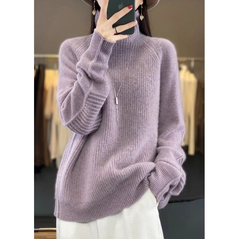 Loose Purple Turtleneck Cozy Cotton Knit Sweaters Long Sleeve