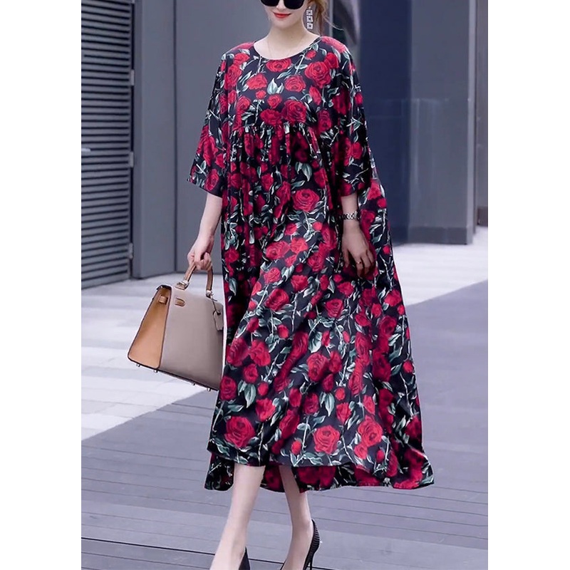 Loose Wine Red Print O Neck Silk Long Dresses Half Sleeve