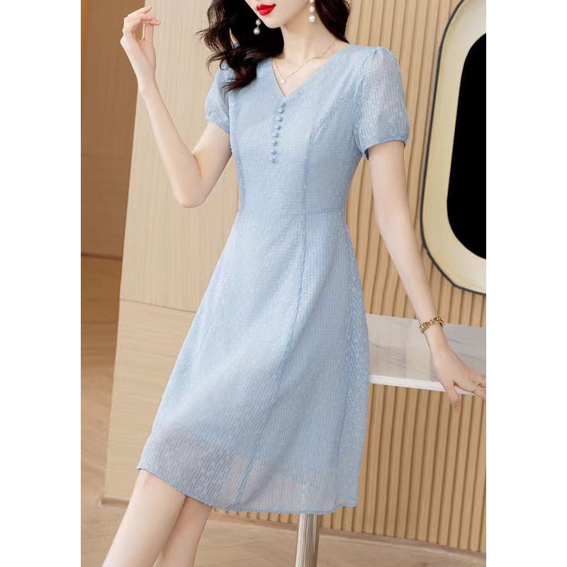 Modern Light Blue V Neck Tulle Mid Dress Short Sleeve